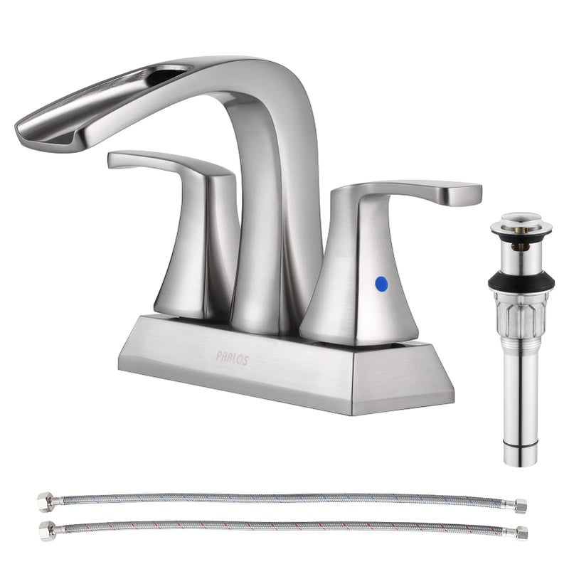 PARLOS 2 Handles Waterfall Bathroom Faucet with Pop-up Drain and Faucet Supply Lines, Brushed Nickel, Doris 14068 - Image 1